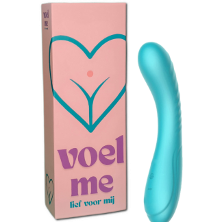Aqua blauwe g-spot vibrator 'Voel me' met links daarvan de verpakking.