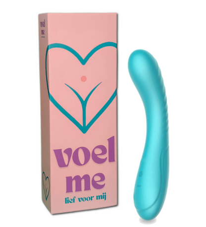 Aqua blauwe g-spot vibrator 'Voel me' met links daarvan de verpakking.