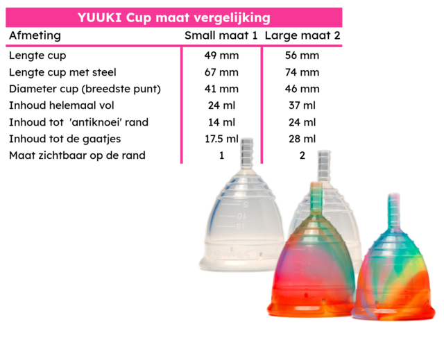 maattabel met afmetingen van Yuuki Cup Classic of Soft en 2 transparante en 2 regenboog cups erbij in de verschillende maten