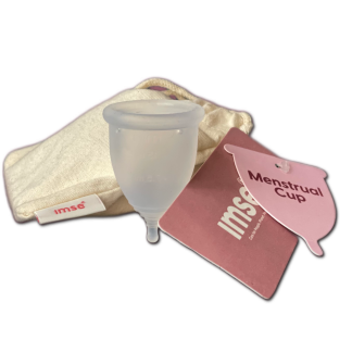 imsevimse menstruatiecup afgebeeld voor een zakje met label